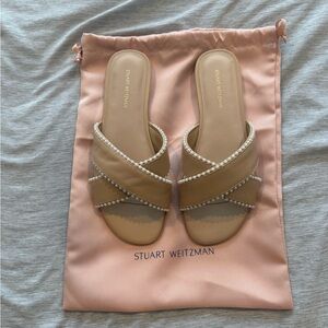 Stuart Weitzman Tan Pearl-Embellished Flats